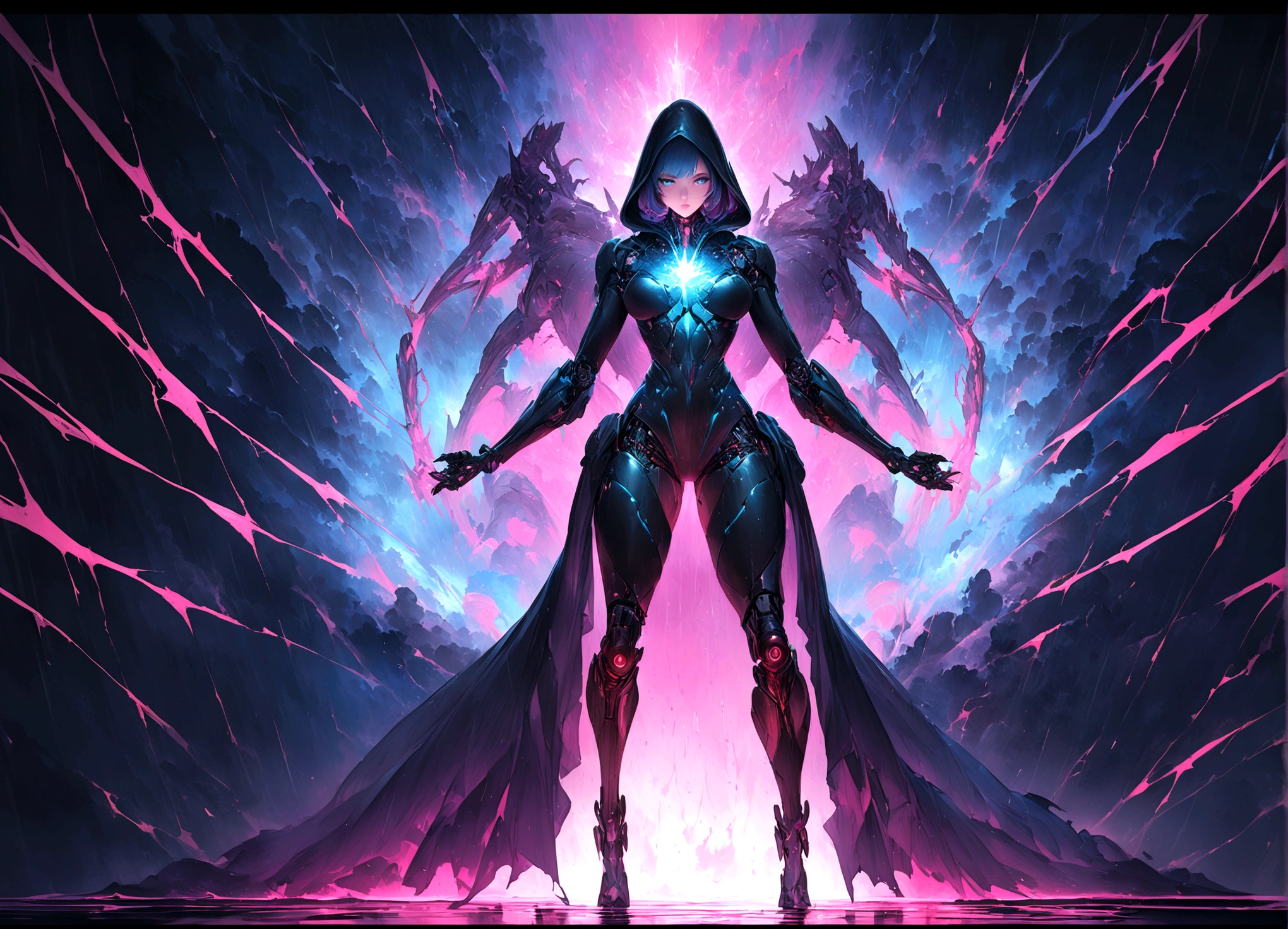 masterpiece, cyborg, The body is glamorous、, Wearing a hood, Shrouded in shadow, , Positano colours, Completely in frame, whole body, Emits electrical energy, whole body, Beautiful anime waifu style man, Ultra-detailed CG paintings, Luminism, Art by Kahn Griffith and Vadim Kashin Concept Art, 8K resolution, Fractal isometric details Bioluminescence , complicatedly detailed , Cinematic, trending on art station Isometric Centered hyper Realistic cover photo awesome full color, Grainy, Realistic, complicated, Hit definition , Cinematic, Bold, Vibrant, amazing, Super high quality model、Being pelted by rain in the dark、Controlling Lightning、Blue eyes