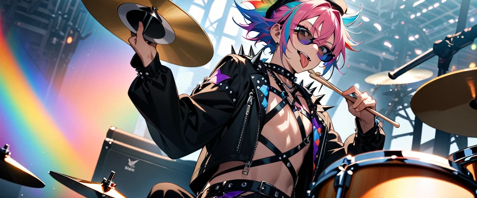 (((masterpiece,Highest quality))),(((A male anime character wearing a revealing enamel visual kei outfit with sunglasses and a multi-colored, spiky hairstyle, sitting at a drum set))),((Wearing a small hat at an angle)),((Fortress-like drum set)),(((Sticking out his tongue and holding up drumsticks))),Focus on the upper body,(high quality),アニメ,rainbow highlights