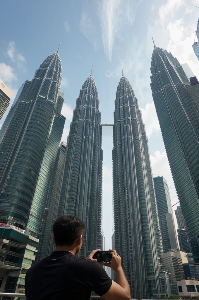 A man taking a photo at the Petronas Twin Towers