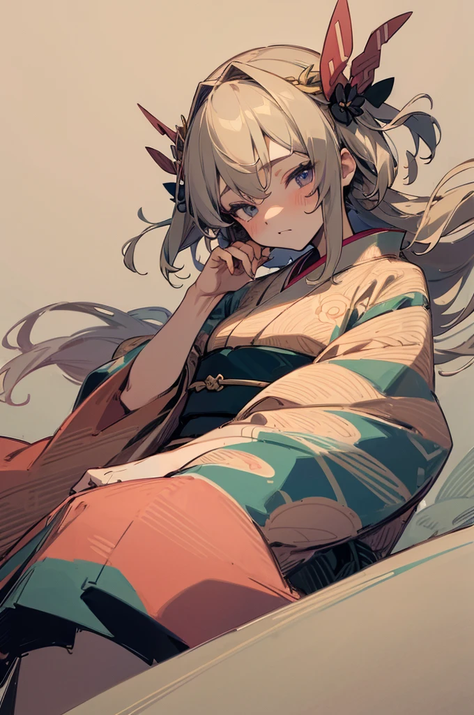 masterpiece, Highest quality, High resolution, 1 Girl 22 Ahog Hair Accessories, Hand-drawn kimono