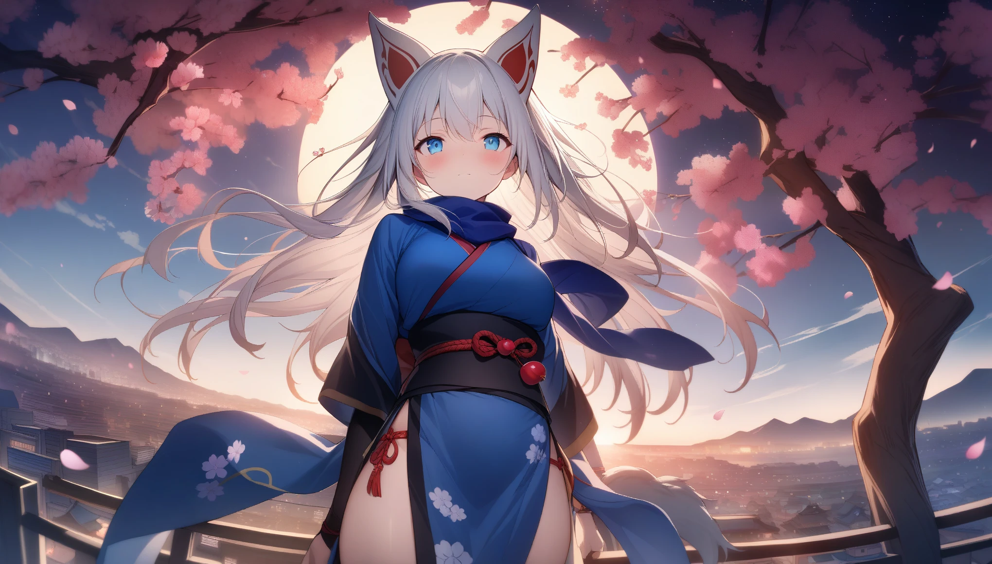 (masterpiece, best quality:1.2), 1girl, 独奏,Wolf girl, fox mask, ninja, girl, long white hair, odd eyes, blue kimono, ninja girl, red and blue scarf,Dancing Cherry Blossoms,Full moon backlighting, light coming in, fantastic atmosphere.night、Shadows of light and darkness、Eyes glowing in the dark、Black fox mask、Fisheye Lens、Expansive starry sky、long hair that spreads、Looking up from afar、Overlooking the city from atop a large cherry tree