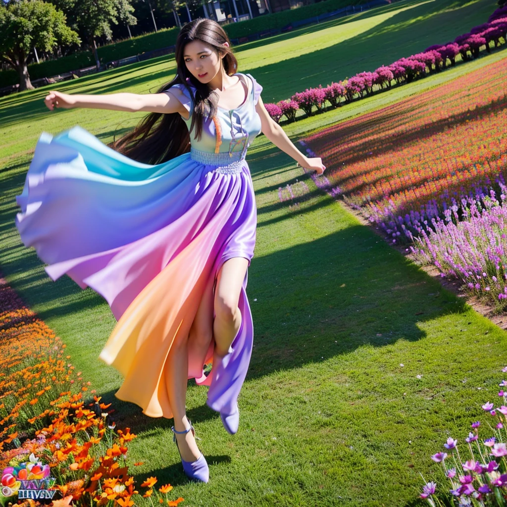 A woman in rainbow color gown jumping and running over a huge chess board mixed placed in a field of carrots, surrounding by different color butterflies, (HDR quality 4k, 8k, high quality)