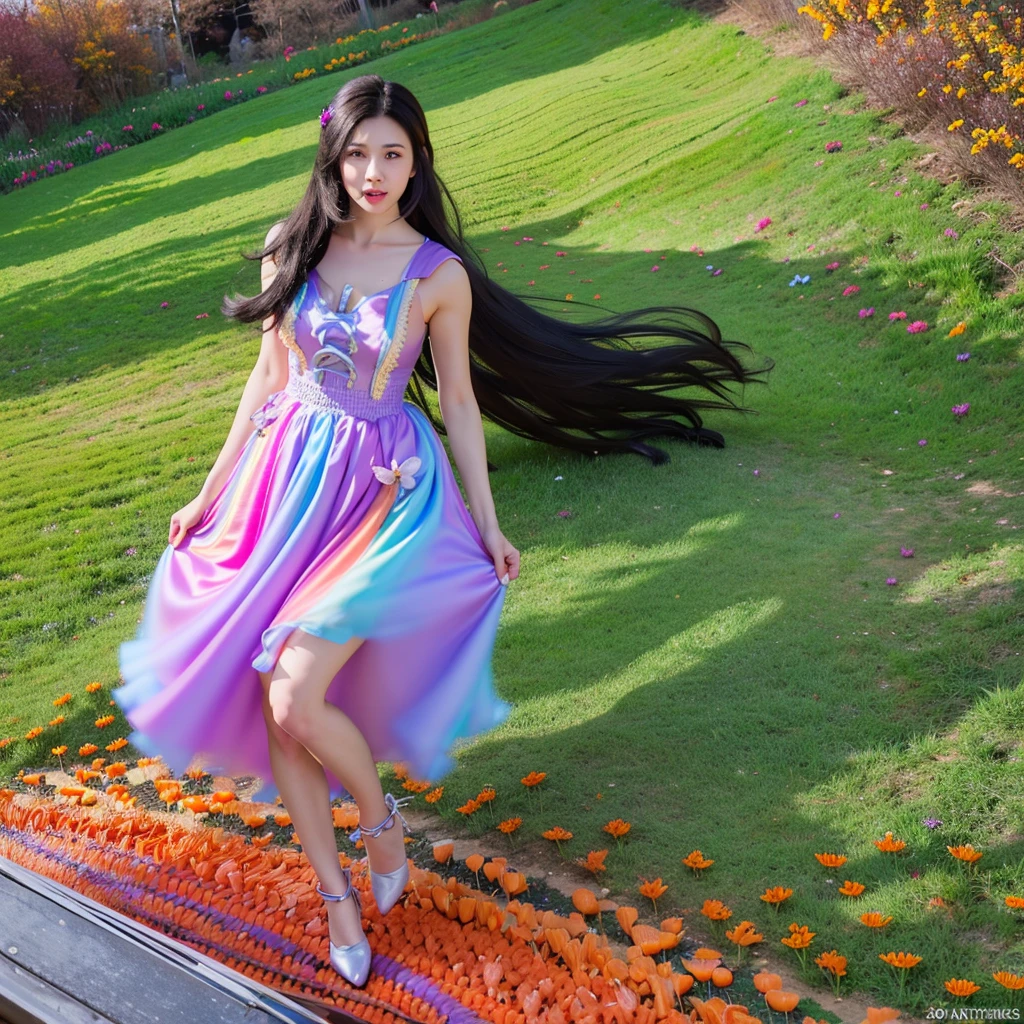 A woman in rainbow color gown jumping and running over a huge chess board mixed placed in a field of carrots, surrounding by different color  butterflies, (HDR quality 4k, 8k, high quality)