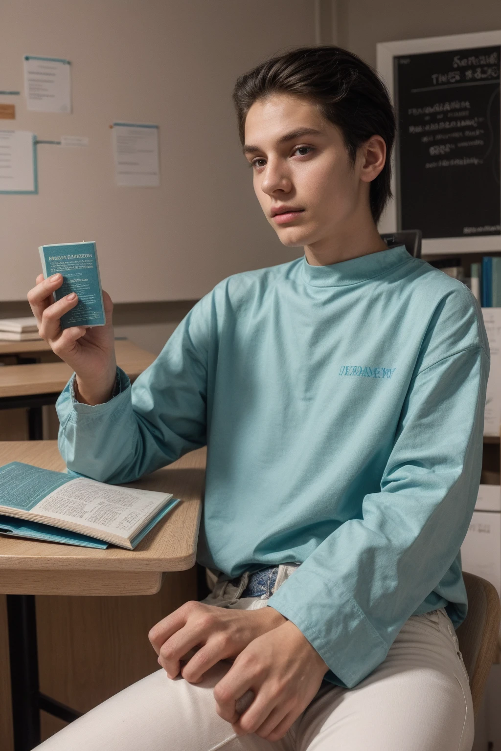 A young male twink, cute, beautiful, feminine, with a beautiful face with makeup, black hair, and his eyes have dark circles under them. He is wearing a long-sleeved aquamarine shirt and white jeans. He is in the College of Medicine, studying on the blackboard with brain anatomy written on it. He is sitting at a desk with scientific books on it. Medical and brain anatomy manuscripts