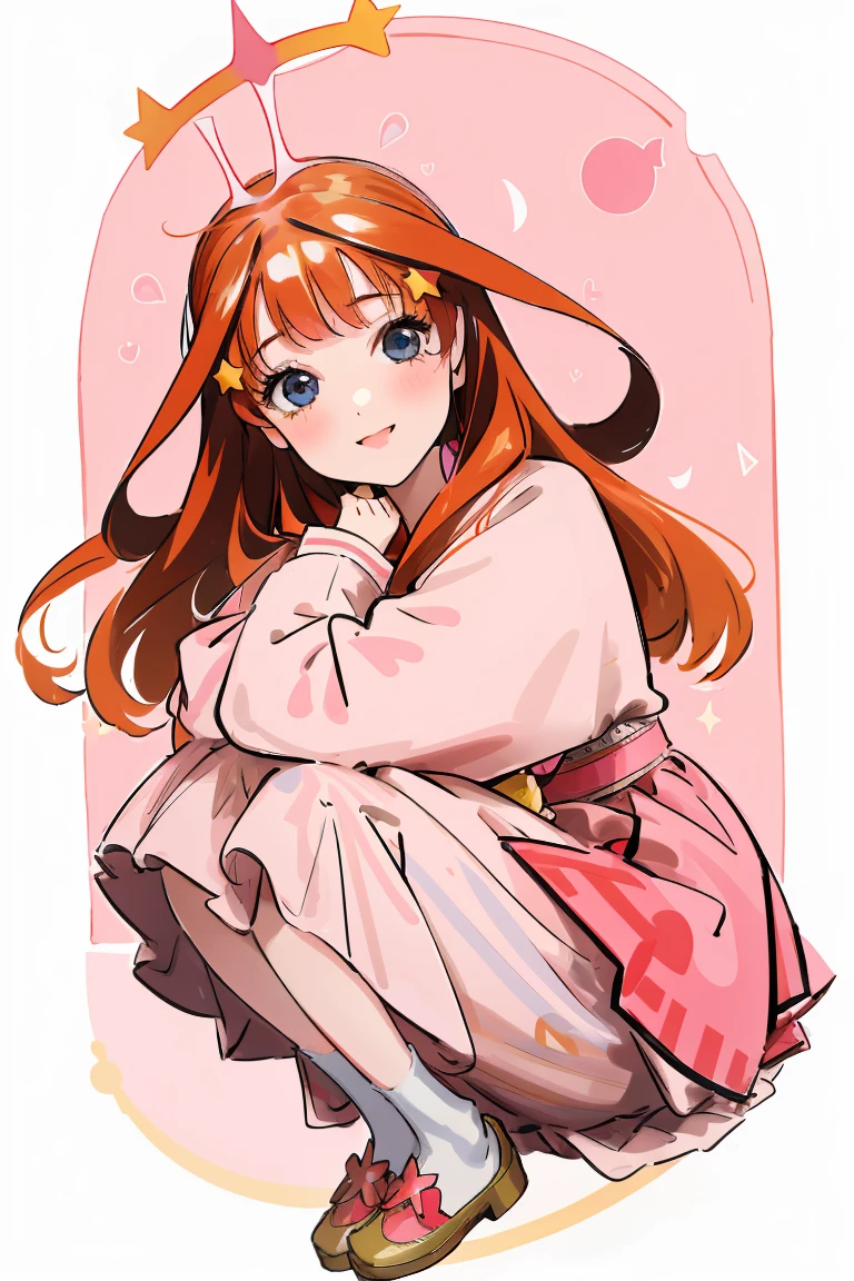 ((best quality)), ((masterpiece)), (detailed), perfect face, 1girl, nakano itsuki, smiling, whimsical, triad color pallette, hugging knees, looking at viewer, pink water droplets, smiling, flat colouring, full body, blank space on the left, fluffy red hair, star hairclips