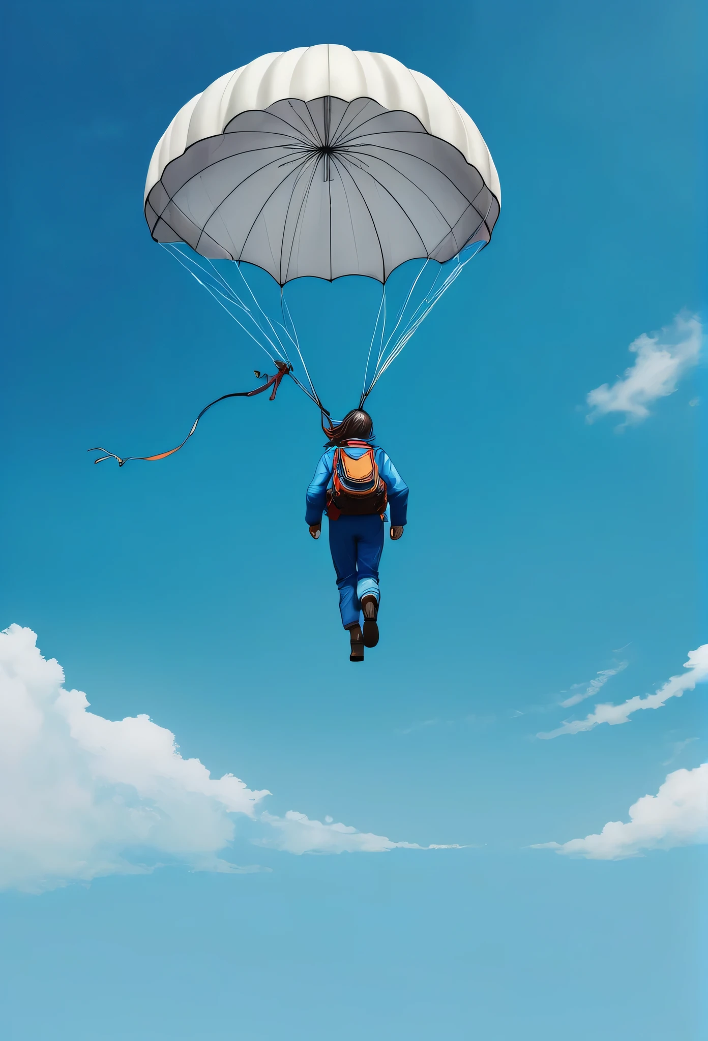 a Minimalist journey of full body shot of strolling on the Besch as the film character flying on a parachute blue background in the style of ::2 --chaos 40 --ar 71:128
