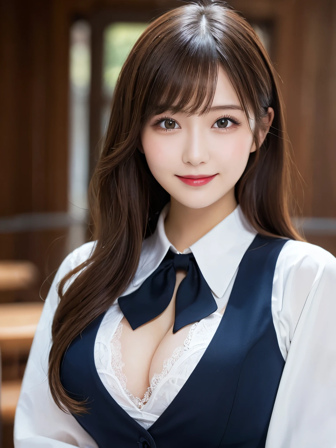 Tabletop, Highest quality, shape, Very detailed, In detail, High resolution, 8k wallpaper, Perfect dynamic composition, Beautiful details, White Magic Academy Uniform, Natural Lip, Big Breasts, Exposing the breasts,Asymmetrical Wave Hairstyle, smile, White Background