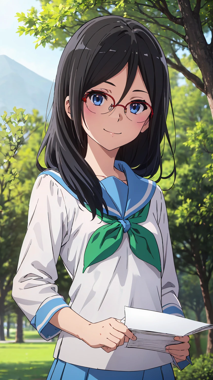 solo, 1girl, looking at viewer, sketch, flat colors, 2D, anime, anime coloring, upper body, asuka tanaka, kitauji high , serafuku, blue sailor collar, green neckerchief, looking at viewer, smile garden sakura tree (holding a blank paper viewing it to the viewer: 1.5) 