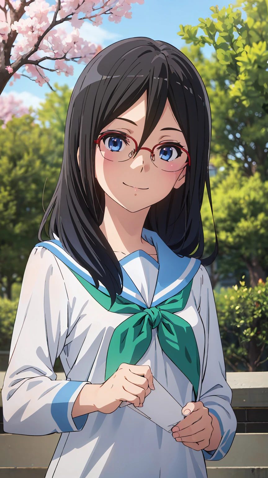 solo, 1girl, looking at viewer, sketch, flat colors, 2D, anime, anime coloring, upper body, asuka tanaka, kitauji high , serafuku, blue sailor collar, green neckerchief, looking at viewer, smile garden sakura tree (holding a blank paper viewing it to the viewer: 1.5)