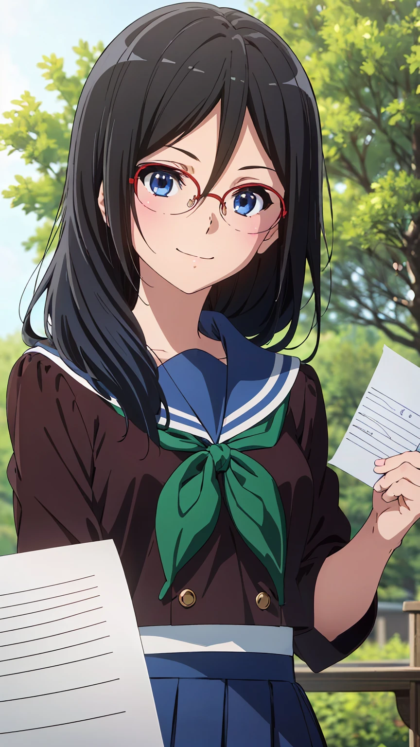 solo, 1girl, looking at viewer, sketch, flat colors, 2D, anime, anime coloring, upper body, asuka tanaka, kitauji high , serafuku, blue sailor collar, green neckerchief, looking at viewer, smile garden sakura tree (holding a blank paper viewing it to the viewer: 1.5)