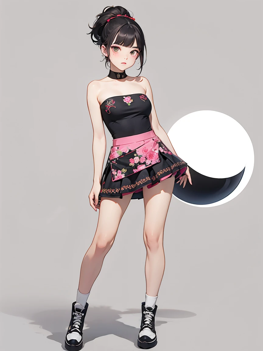 Tube Top,Short skirt,Standing,Show your arms,Show your thighs,Embroidered shoes,Ball head hairstyle,front,Blank Background