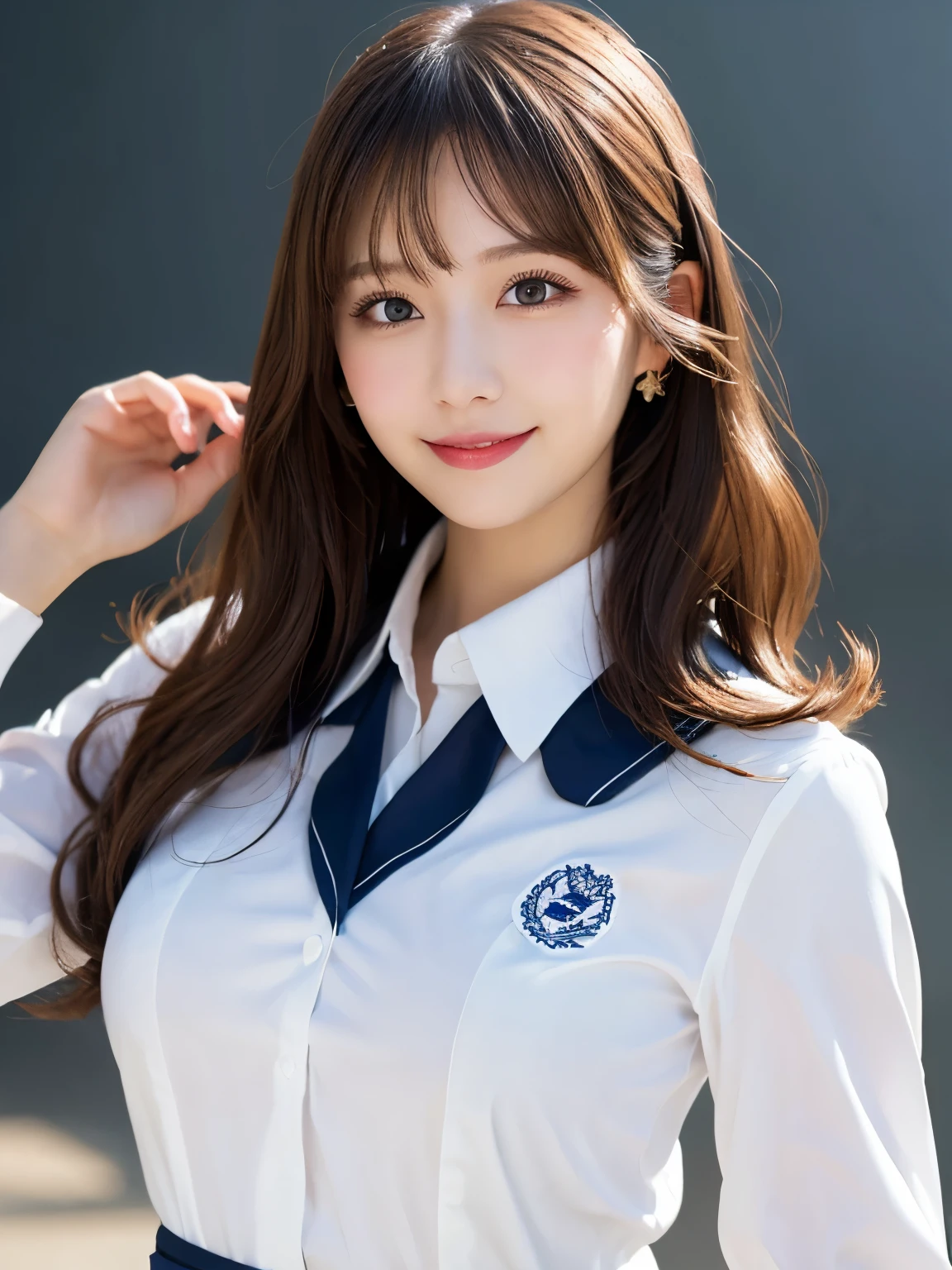 Tabletop, Highest quality, shape, Very detailed, In detail, High resolution, 8k wallpaper, Perfect dynamic composition, Beautiful details, White Magic Academy Uniform, Natural Lip, , Exposing the breasts，Asymmetrical Wave Hairstyle, smile, White Background