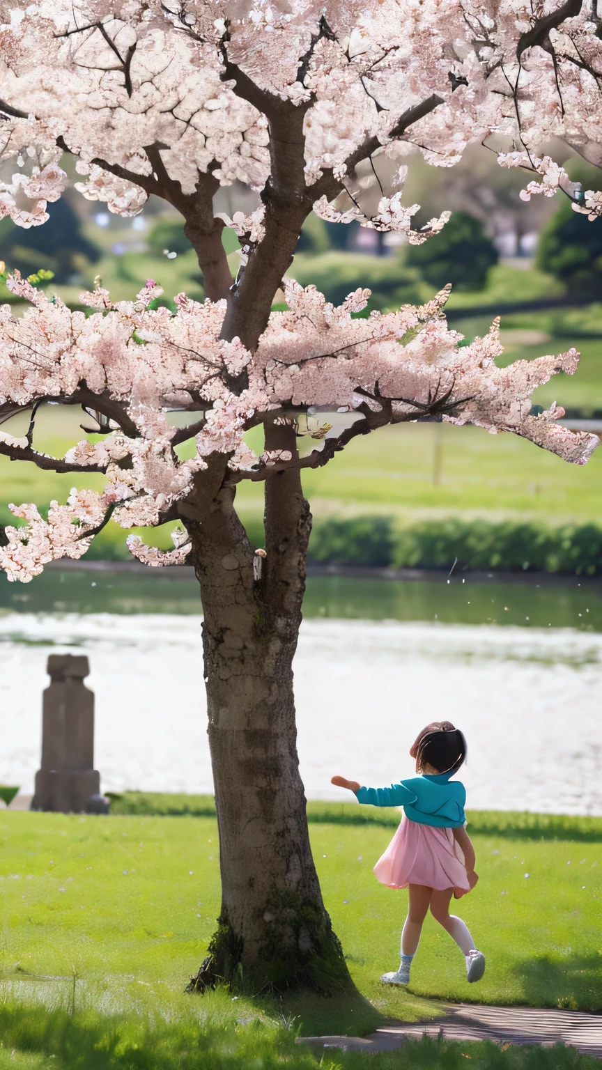 Highest quality,high resolution,Cherry tree in full bloom,Children playing,Back view
