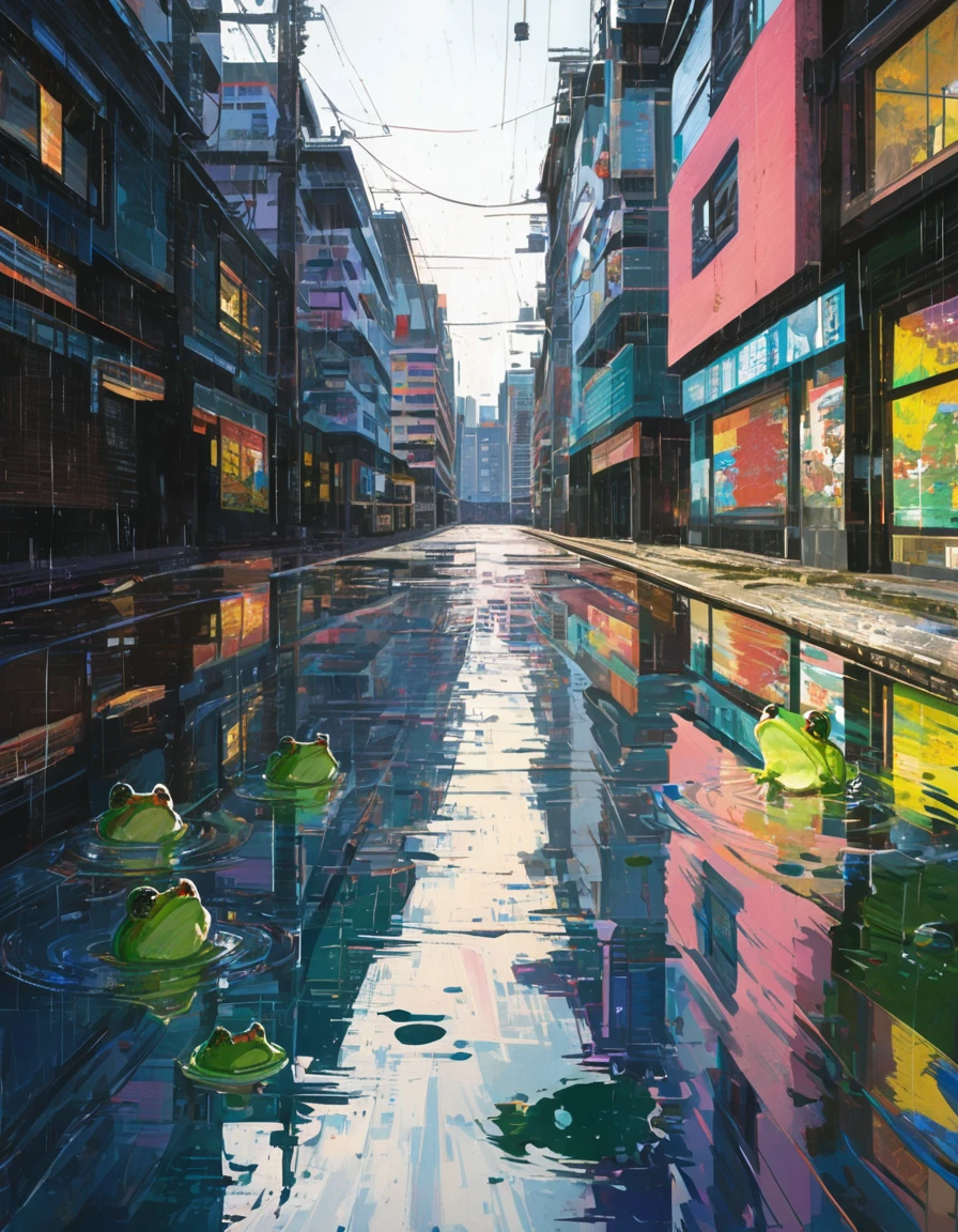 ultra-detailed:1.3, ultra delicate and detailed scenery:1.3, (absurdres, texture, masterpiece), Pop art, art brut, by John Berkey, focus on puddles, tonalism, pixiv contest winner,((Super multiple exposure effect where the background can be seen through the scenery)), beautiful morning sunshine scene with drizzle in rainy season, the puddles forming on the asphalt ground quietly spreading out many ripples, the many brightly colorful modern buildings are reflecting brilliant scenery. many tiny frogs opening mouth are sitting in front of building entrance, If you leave the shutter open for a long time, ,more detail XL