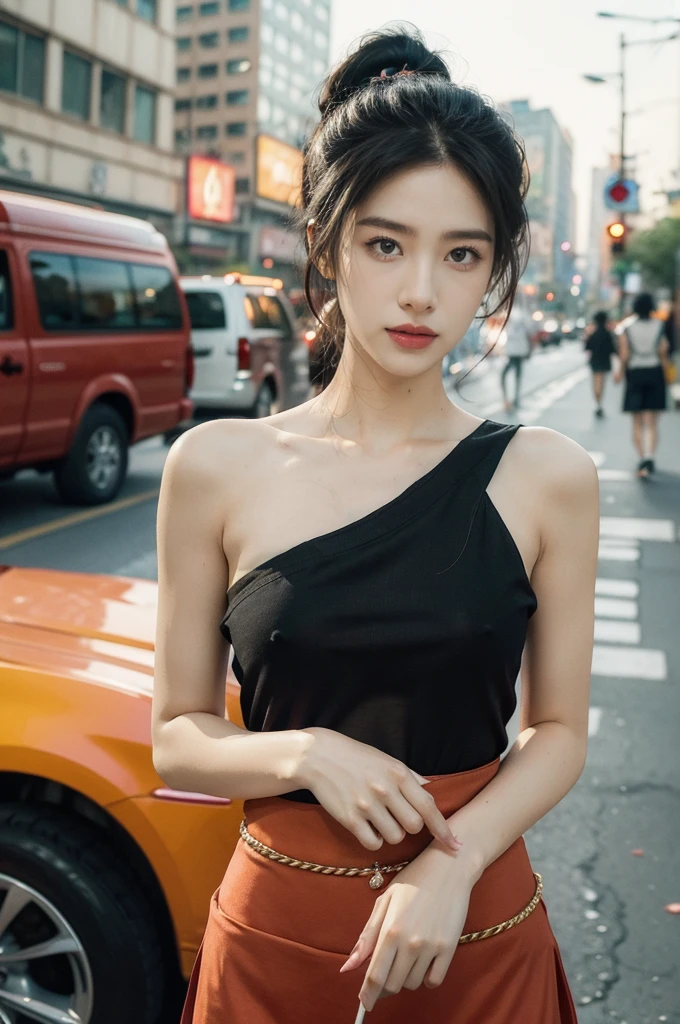 (((best quality))),(((ultra detailed))),(((masterpiece))),illustration,1girl,slim,sun-kissed skin,vibrant rose-pink cotton dress,short ponytail,flat chest,pantyhose,bustling city streets, honking cars,surrounded by crowded crowds, colorful advertisements, street food vendor, grilled skewers, spicy sauce, enjoying sights and sounds,(darkened black skin:1.5),upper body