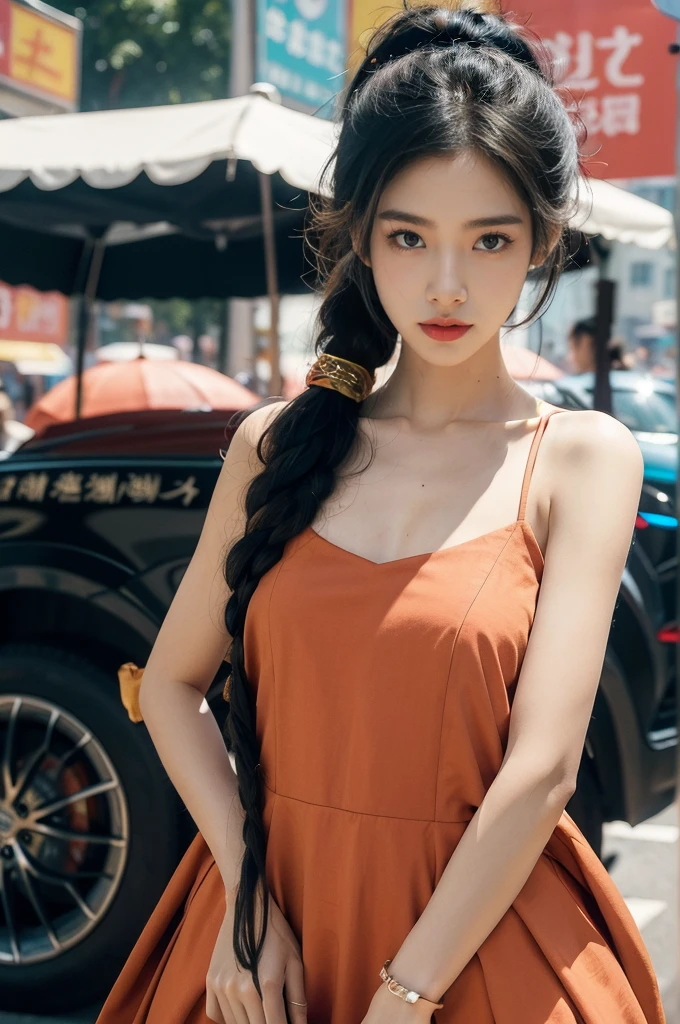(((best quality))),(((ultra detailed))),(((masterpiece))),illustration,1girl,slim,sun-kissed skin,vibrant rose-pink cotton dress,short ponytail,flat chest,pantyhose,bustling city streets, honking cars,surrounded by crowded crowds, colorful advertisements, street food vendor, grilled skewers, spicy sauce, enjoying sights and sounds,(darkened black skin:1.5),upper body