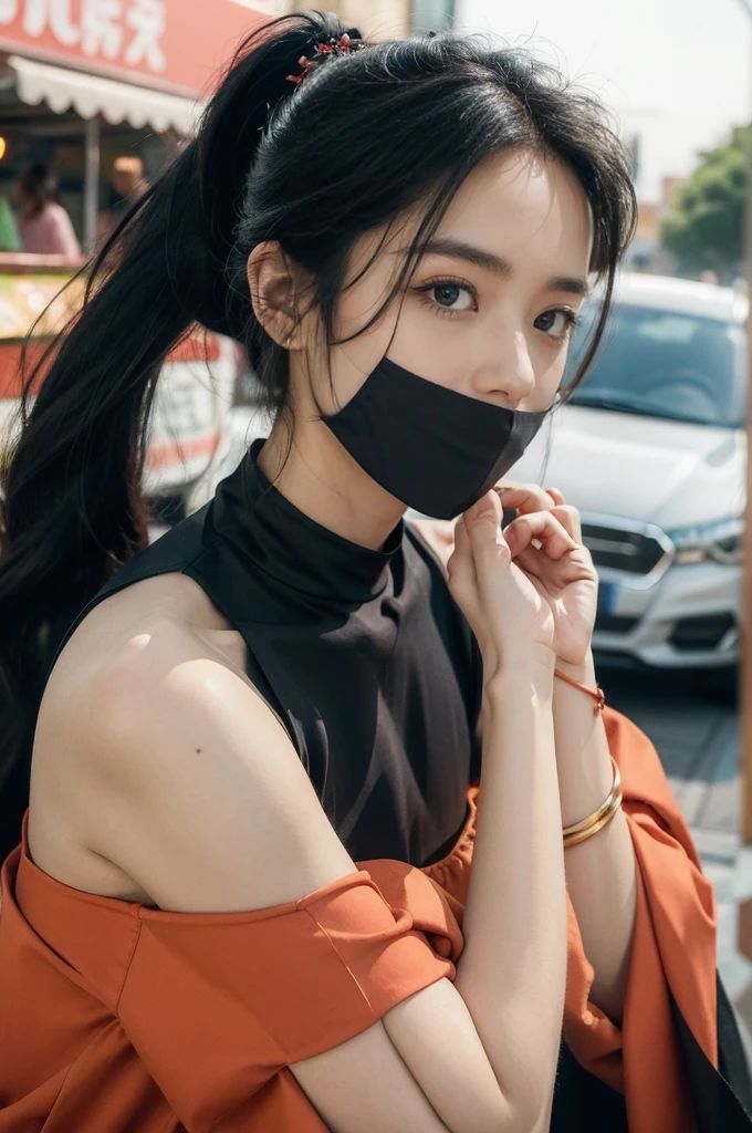 (((best quality))),(((ultra detailed))),(((masterpiece))),illustration,1girl,slim,sun-kissed skin,vibrant rose-pink cotton dress,short ponytail,flat chest,pantyhose,bustling city streets, honking cars,surrounded by crowded crowds, colorful advertisements, street food vendor, grilled skewers, spicy sauce, enjoying sights and sounds,(darkened black skin:1.5),upper body