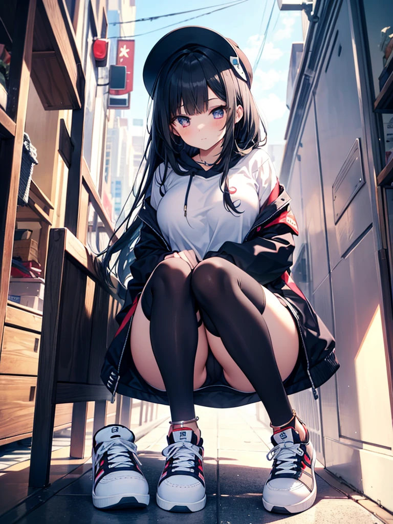 1girl,thighhighs,anklet,black hair,straight_hair,hime cut,long hair,sneakers,huge filesize,