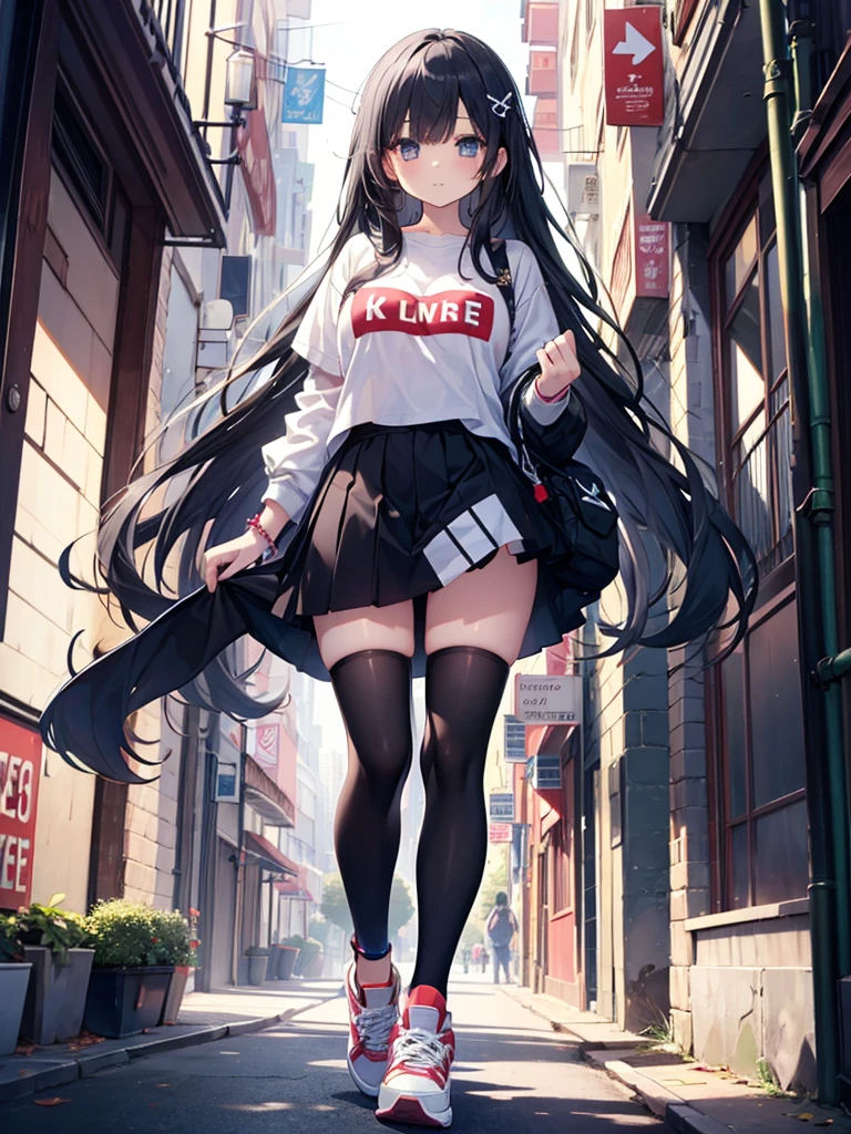 1girl,thighhighs,anklet,black hair,straight_hair,hime cut,long hair,sneakers,huge filesize,