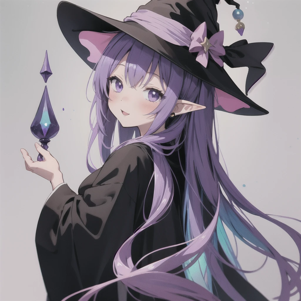 anime girl long purple hair wearing a black Robe. she has pointy ears. Witch Hat. Manga kawaii. iridescent ,An illustration, 0ne person .look back
