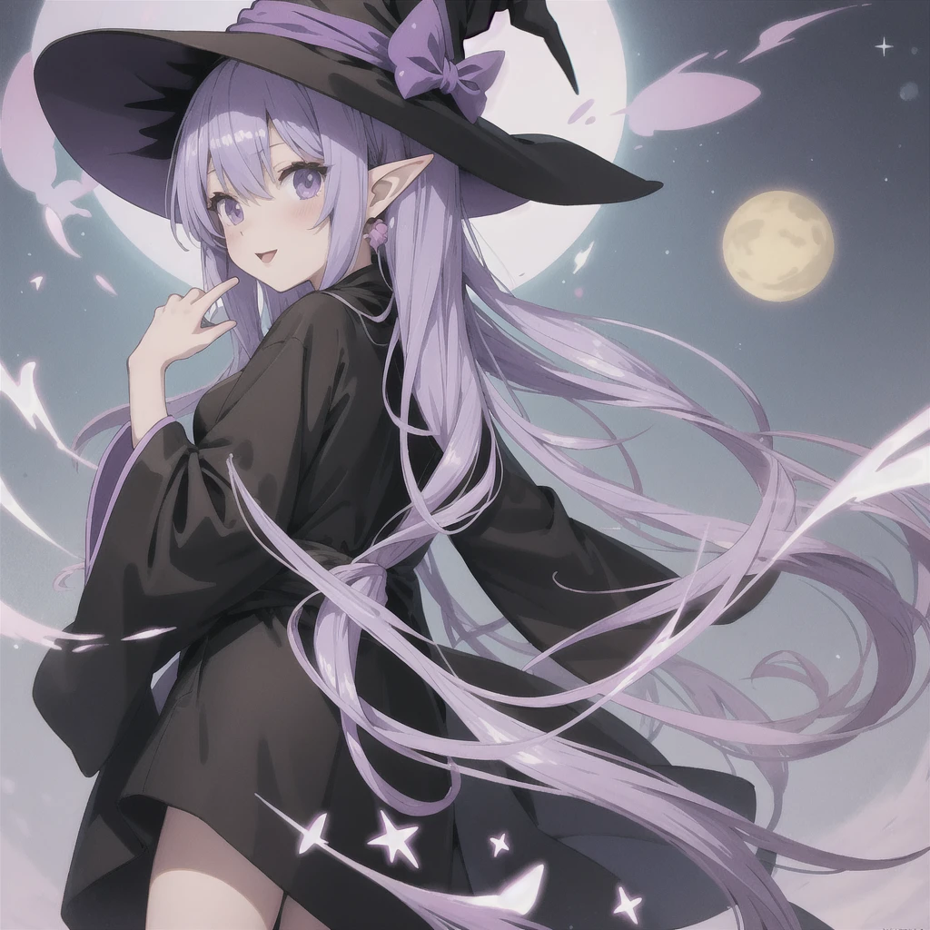 anime girl long purple hair wearing a black Robe. she has pointy ears. Witch Hat. Manga kawaii. iridescent ,An illustration, 0ne person .look back
