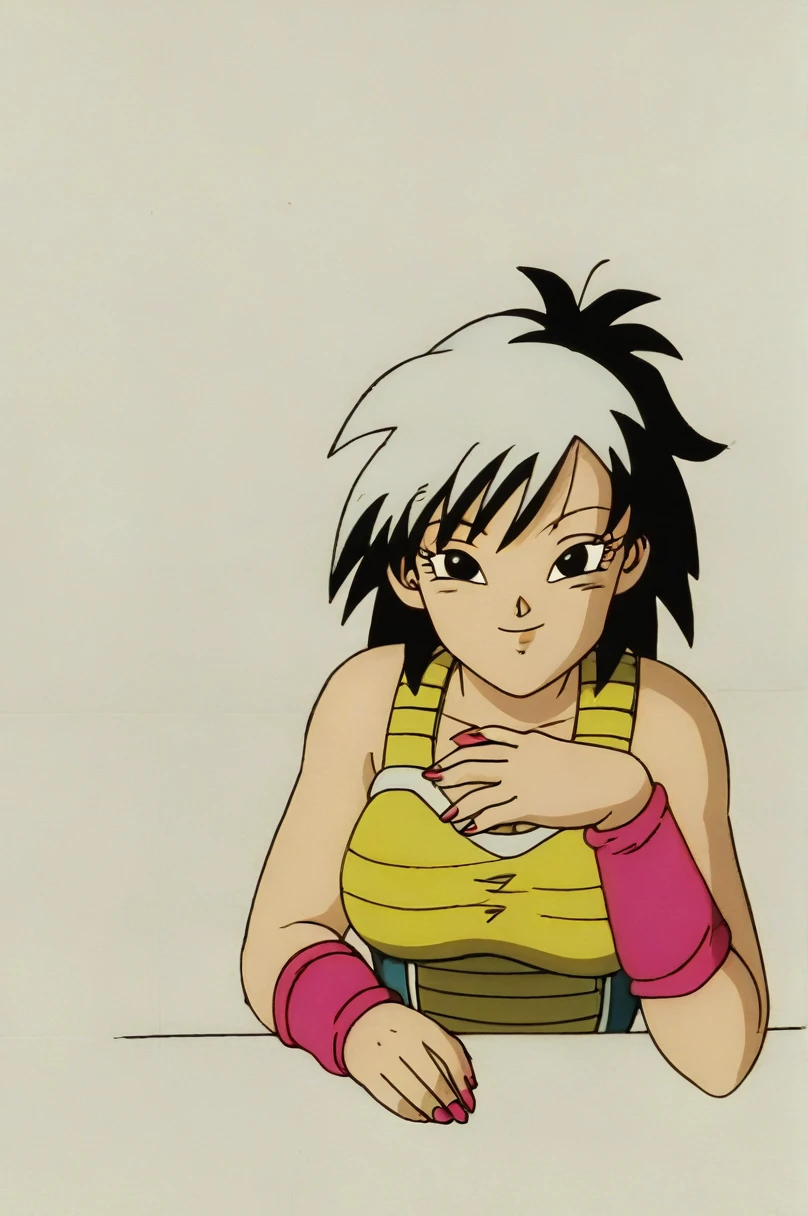fountain_cheered up, score_9,score_8_above, score_7_above, gineDb, cheered up screencap,
1 girl, Alone, old, looking at the viewer, SMILE, short hair, simple background, black fur, neckline, bare shoulders, medium old, Closed mouth, aboveper body, retro artStyle, 1990s \(Style\), Gray background, black eyes, nails, hands above, bare arms, eyelashes, half closed eyes, happy, own hands together, spiky hair, pink bracelet, intertwined fingers, headrest, elbow rest, saiyajin armadura, green saiyajin armadura, Eyebrows, v-shaped Eyebrows, sexy body, tight bare ass, hand on one's own ass