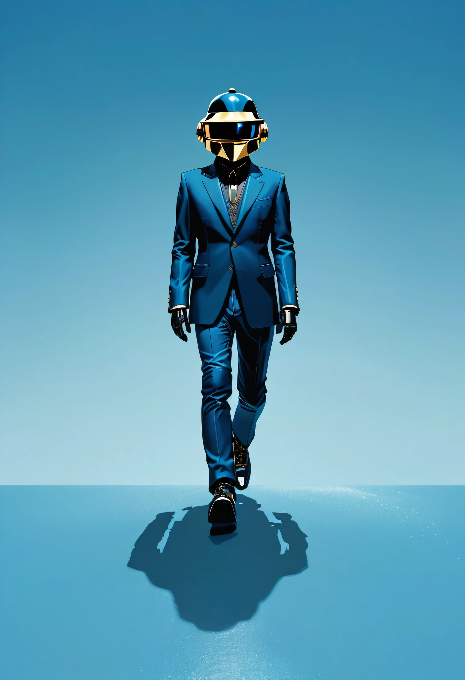 a Minimalist journey of full body shot of strolling on the Besch as the film character sitting on a blue background in the style of. Daft punk style,, Daft Punk ::2 --chaos 40 --ar 71:128