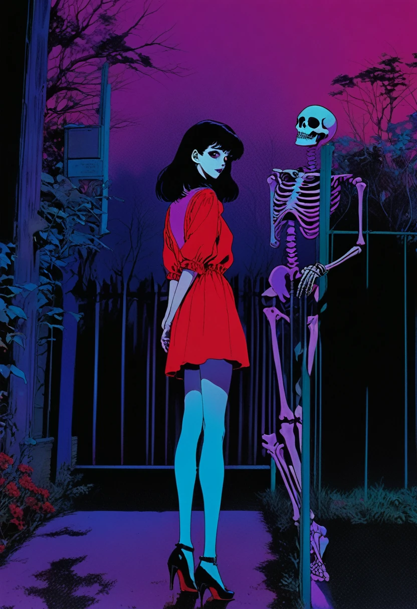 illust、art、from 80s horror movie, directed by Junji Ito、A woman goes on a date with a skeleton、Skeleton looking at camera、high detail, realsitic shadow、Analog style, vhs style, 8mm film, chromatic aberration, Dvd screengrab、Blue-purple and red-purple gradation、Surrealism