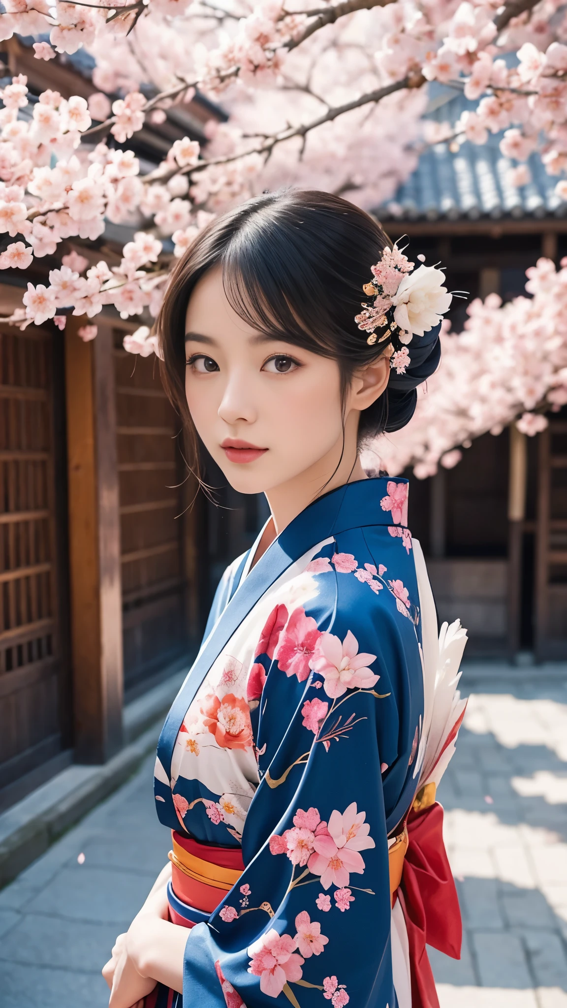 Beautiful Japanese Geisha photo, Colorful kimonos, Blurred background of cherry blossoms and old Kyoto in blue sky