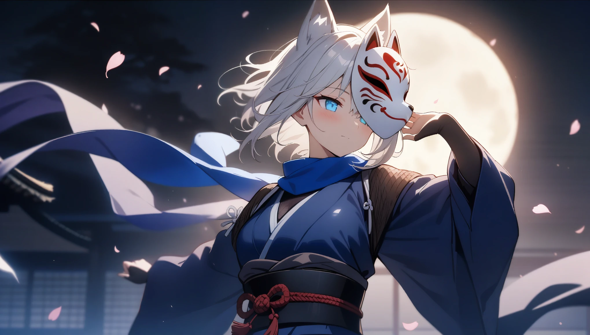 (masterpiece, best quality:1.2), 1girl, 独奏,Wolf girl, fox mask, ninja, girl, long white hair, odd eyes, blue kimono, ninja girl, red and blue scarf,Dancing Cherry Blossoms,Full moon backlighting, light coming in, fantastic atmosphere.night、Shadows of light and darkness、Eyes that glow in the dark