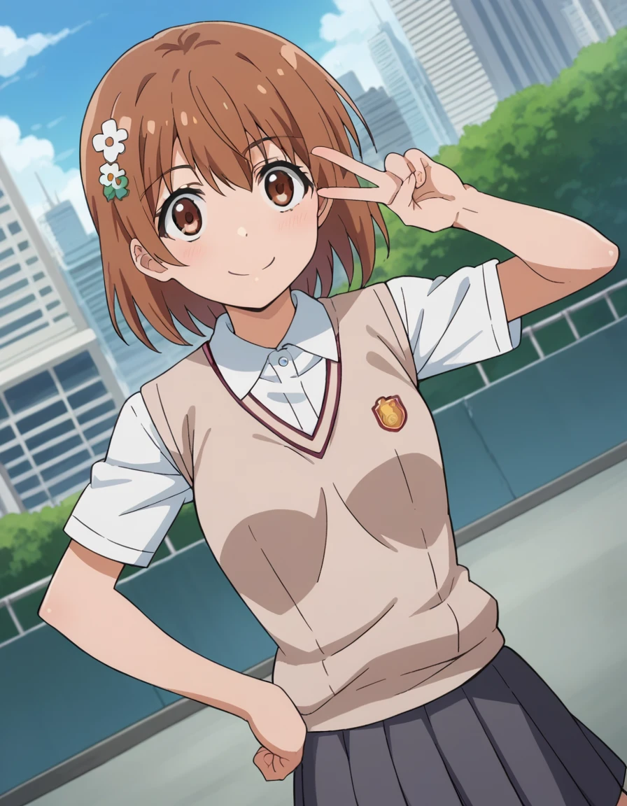 score_9, score_8_superior, score_7_superior, sauce_anime,
Mitocho Misaka, ミコトがsuperiorがった, short hair, Brown Hair, hair ornaments, Hair Flowers, Brown eyes, smile,
skirt, shirt, , white shirt, Short sleeve, pleated skirt, grey skirt, Sweater vest, tokiwadai , V-neck,
Outdoor, Cityscape,
View your viewers, Cowboy Shot, Dutch Angle,