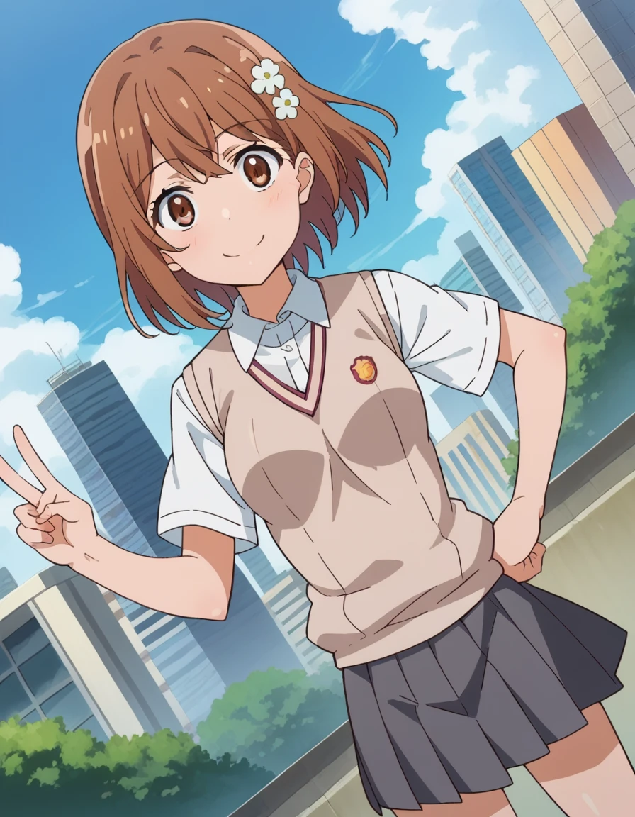 score_9, score_8_superior, score_7_superior, sauce_anime,
Mitocho Misaka, ミコトがsuperiorがった, short hair, Brown Hair, hair ornaments, Hair Flowers, Brown eyes, smile,
skirt, shirt, , white shirt, Short sleeve, pleated skirt, grey skirt, Sweater vest, tokiwadai , V-neck,
Outdoor, Cityscape,
View your viewers, Cowboy Shot, Dutch Angle,