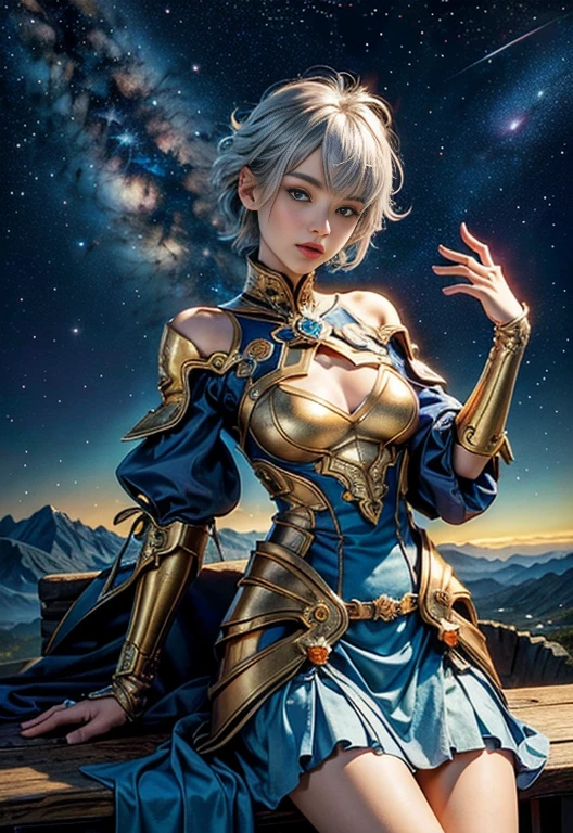 (Tabletop, Highest qualityの, Highest quality, Official Art, beautifully、aesthetic:1.2), (1 Girl), Very detailed,(Fractal Art:1.3),colorful,Best details, She has short silver hair and blue eyes.,Golden ratio composition, There are stars in the background, She is wearing a beautiful blue dress,She is cosplaying as a Sagittarius.