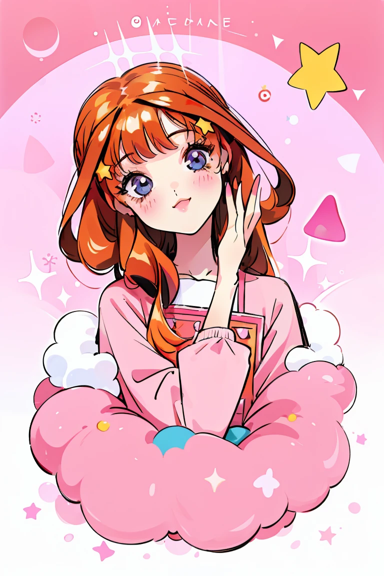 ((best quality)), ((masterpiece)), (detailed), perfect face, 1girl, nakano itsuki, smiling, whimsical, triad color pallette, looking at viewer, pink water droplets, smiling, flat colouring, full body, blank space on the left, fluffy red hair, star hairclips