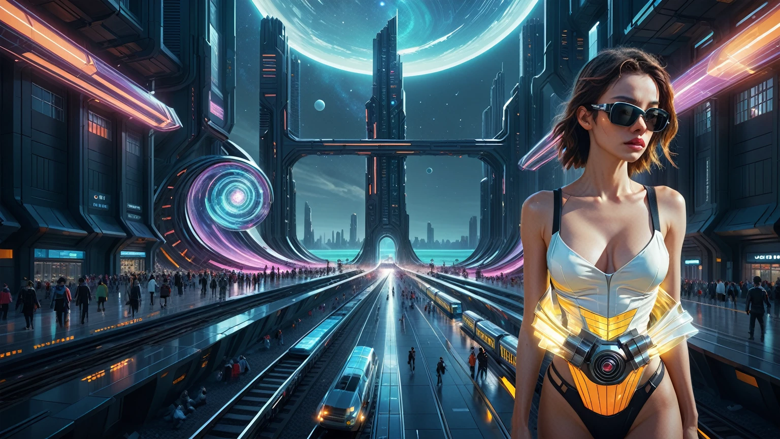 Brightly colored abstract aerial view image of a (((((futuristic railway station beside ocean))))) with a spiral, a (((futuristic all-glass train))) passing by, epic beautiful space sci-fi, chaotic cinematic space rift, Greg Beeple, Beeple and Tim Hildebrandt, Beeple and Jean Giraud, (((giant glass lion sculpture))), galaxy space sci-fi, ringworld, by Mike "Beeple" Winkelmann. Matrix style, (((Matrix cascading code))), (((a futuristic twin tower skyscraper with a unique twisted design))), (((OLED GUI interfaces in the building))), at night, (((((1girl, solo))))), photo realistic, (((((((large-:1.2 body, :1.4))))))), (((((off broken mini sling-shirt and black sling , extreamly short pleated  exposing ))))), (((((running pose))))), (((((((matrix style black micro sunglasses))))))), ((((((((((aiming with a short gun)))))))))), (((((looking at camera))))), (((very low view))), (((((half-body thigh level medium shot))))), (((cinematic lighting))).