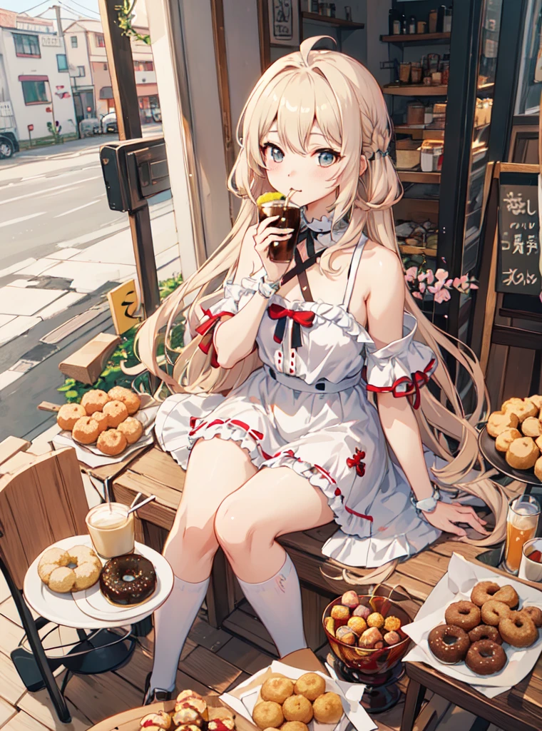 Sit at the table and eat donuts、Anime girl drinking a drink, kawacy, Anime visuals of cute girls, anime aesthetic, guweiz, mysterious coffee shop girl, artwork in the style of guweiz, anime aesthetic, Cute anime girl, clean detailed anime art, Anime Illustration, soft anime illustration, splash art anime loli, beautiful anime art style
