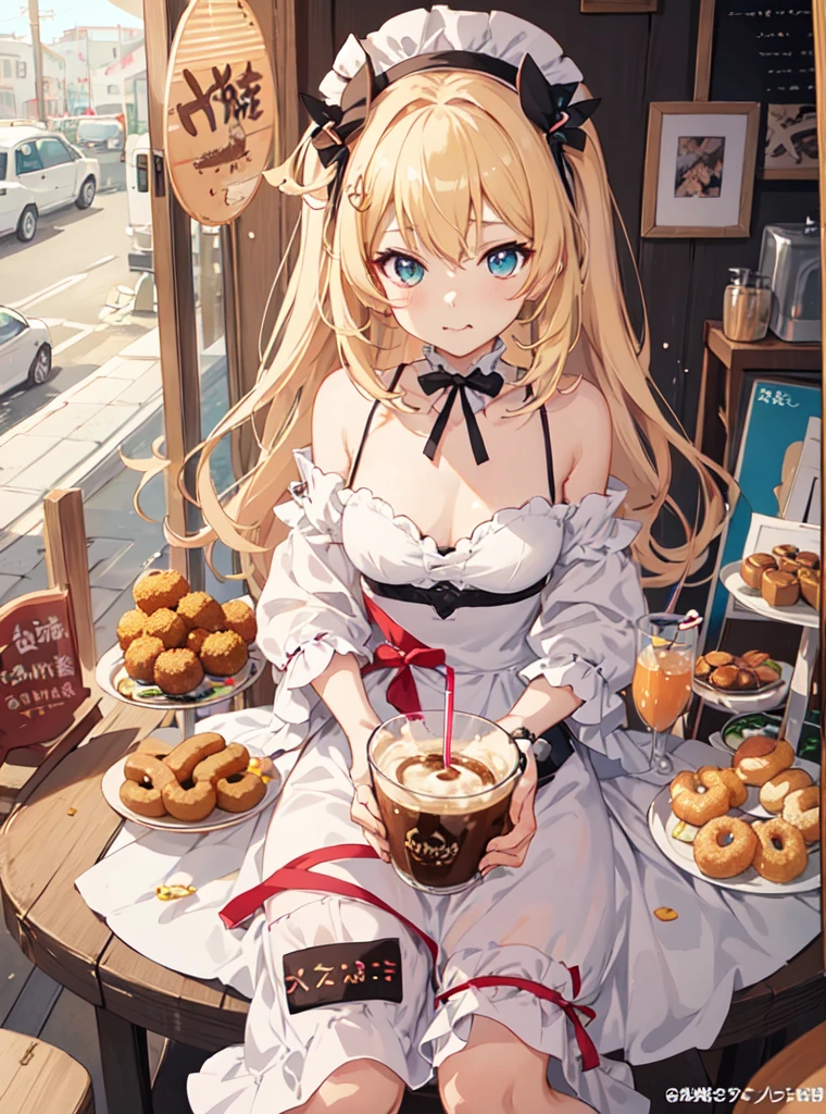 Sit at the table and eat donuts、Anime girl drinking a drink, kawacy, Anime visuals of cute girls, anime aesthetic, guweiz, mysterious coffee shop girl, artwork in the style of guweiz, anime aesthetic, Cute anime girl, clean detailed anime art, Anime Illustration, soft anime illustration, splash art anime loli, beautiful anime art style