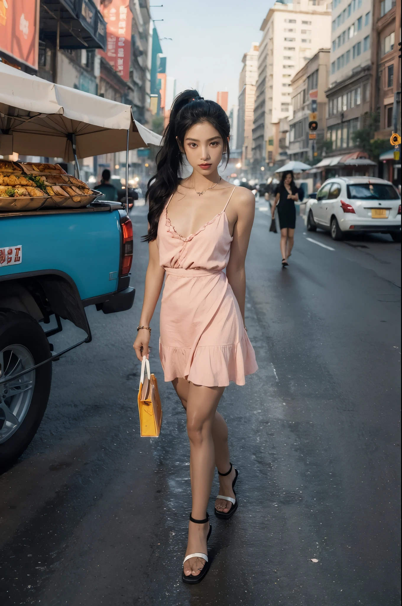 (((best quality))),(((ultra detailed))),(((masterpiece))),illustration,1girl,slim,sun-kissed skin,vibrant rose-pink cotton dress,short ponytail,flat chest,slender legs,pantyhose,sandals, bustling city streets, honking cars,surrounded by crowded crowds, colorful advertisements, street food vendor, grilled skewers, spicy sauce, enjoying sights and sounds,(darkened black skin:1.5)
