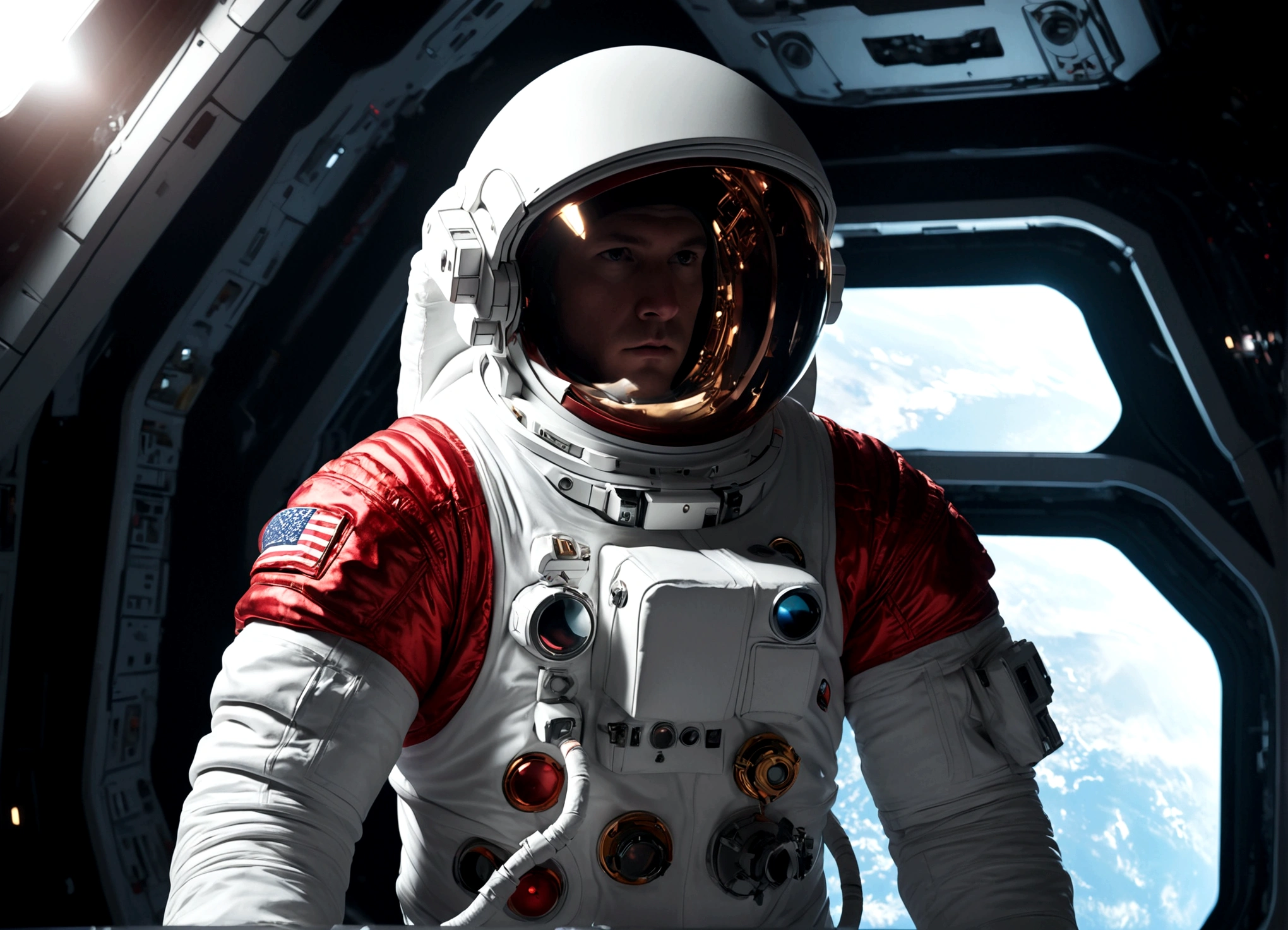 The astronaut is a 30-year-old American man.., white and red metallic clothing, cinematic, picture 촬영, half backlight, back light, dramatic lighting , incandescent light, soft lighting, Incredibly detailed and complex, hyper maximalist, Art, elegant pose, dynamic, picture, volume , very detailed, intricate details, Gwise의 very detailed 걸작, future environment