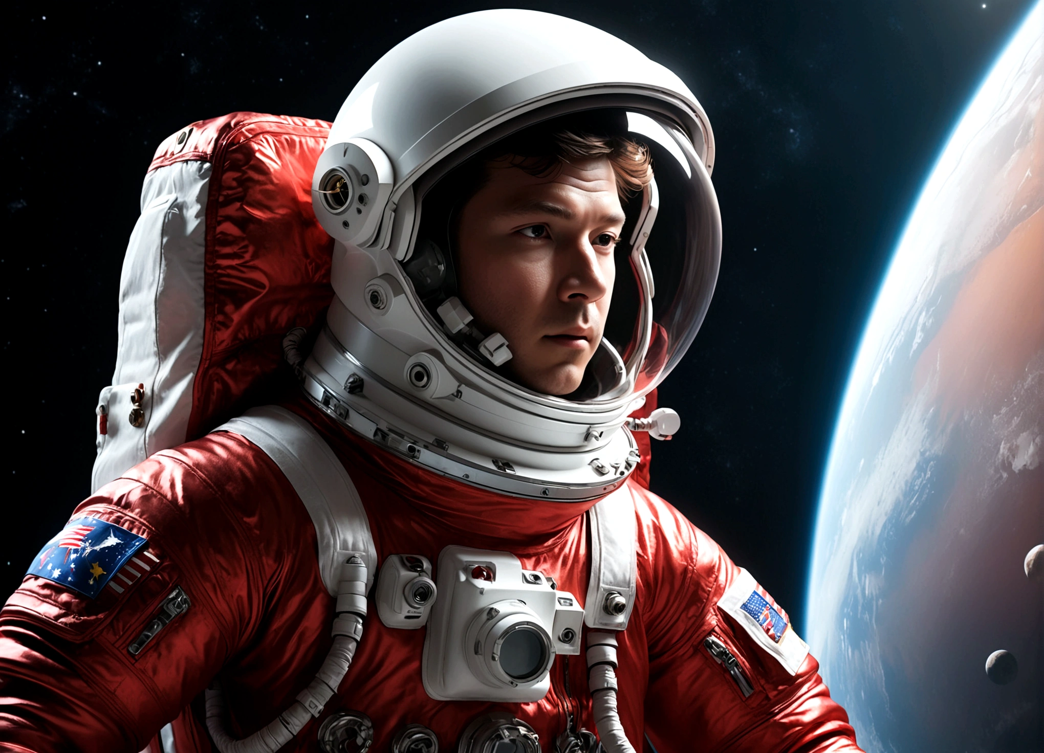 The astronaut is a 30-year-old American man.., white and red metallic clothing, cinematic, picture 촬영, half backlight, back light, dramatic lighting , incandescent light, soft lighting, Incredibly detailed and complex, hyper maximalist, Art, elegant pose, dynamic, picture, volume , very detailed, intricate details, Gwise의 very detailed 걸작, future environment