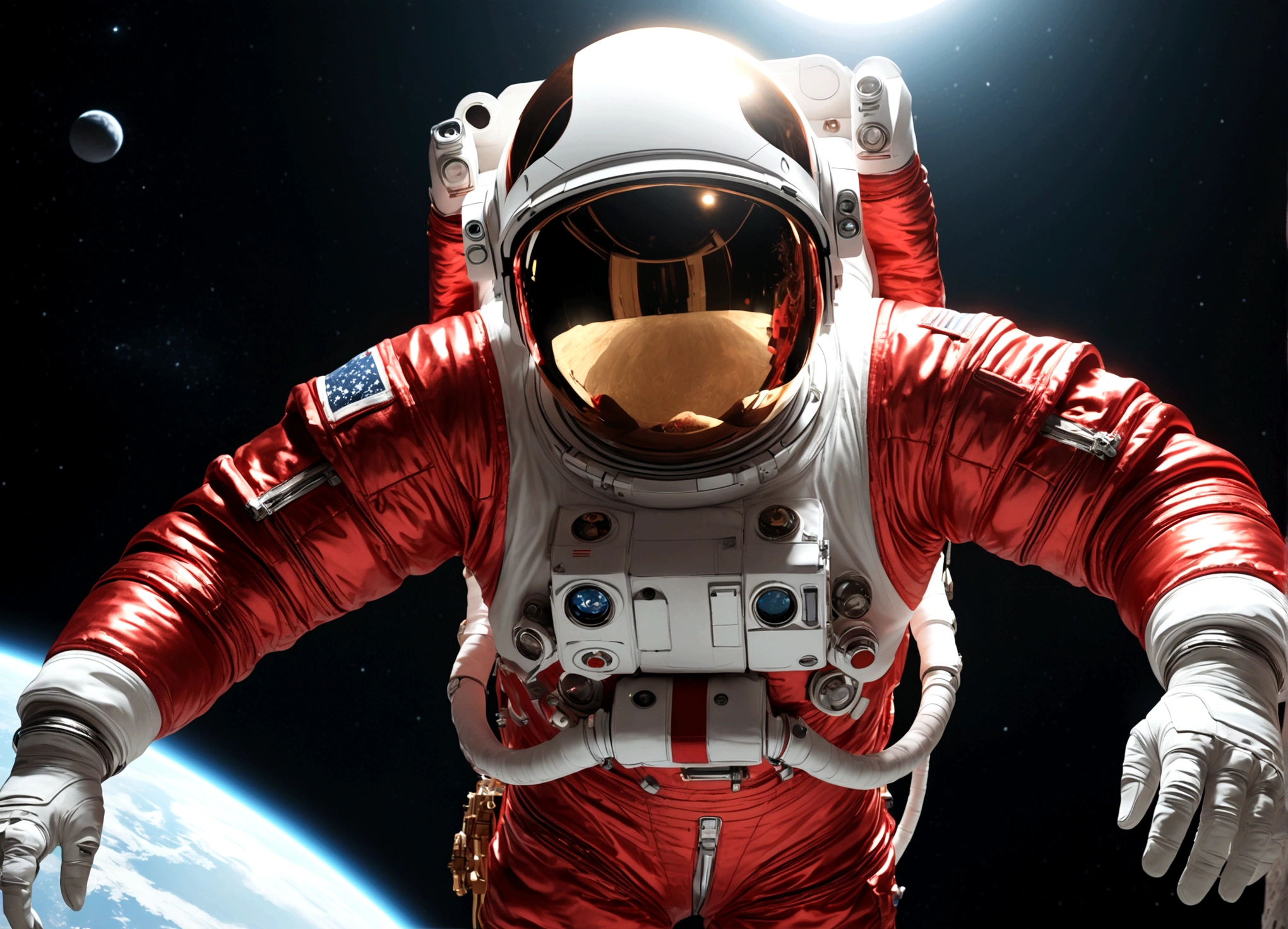 The astronaut is a 30-year-old American man.., white and red metallic clothing, cinematic, picture 촬영, half backlight, back light, dramatic lighting , incandescent light, soft lighting, Incredibly detailed and complex, hyper maximalist, Art, elegant pose, dynamic, picture, volume , very detailed, intricate details, Gwise의 very detailed 걸작, future environment