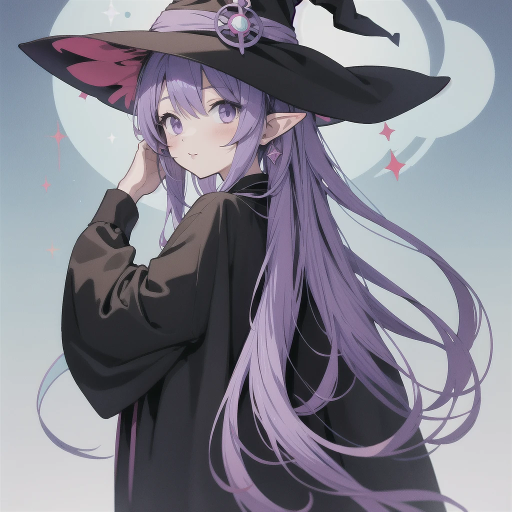 anime girl long purple hair wearing a black Robe. she has pointy ears. Witch Hat. Manga kawaii. iridescent ,An illustration, 0ne person .look back