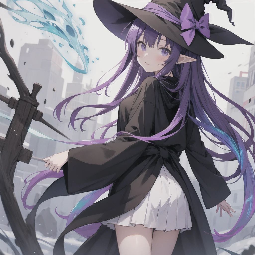 anime girl long purple hair wearing a black Robe. she has pointy ears. Witch Hat. Manga kawaii. iridescent ,An illustration, 0ne person .look back