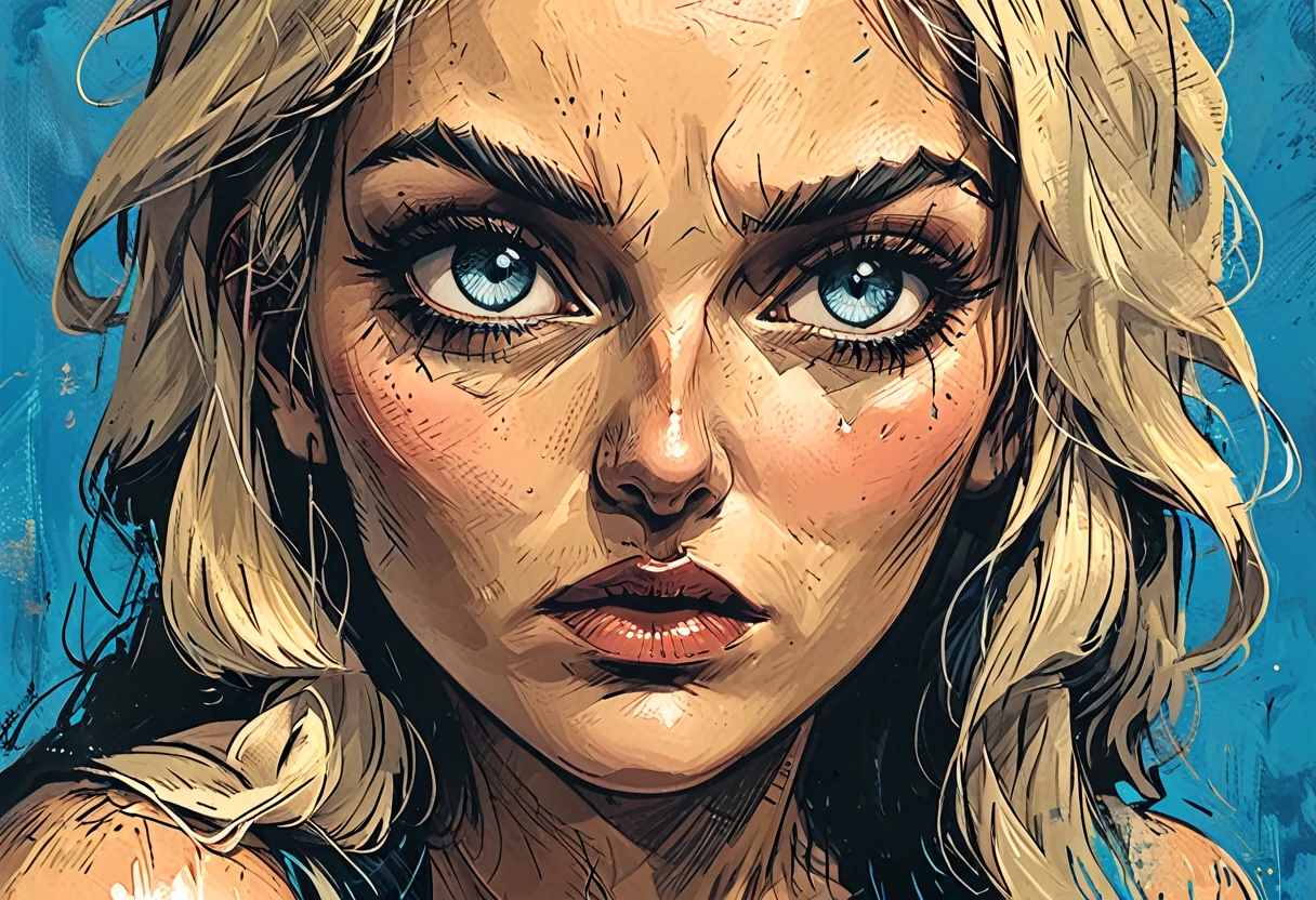 closed Eyes,
deep shadows,on cloud blue background, shadows, open mouth, 
contrast, 
close up portrait girl in blue Half top wrestler, adult, [Nordic], Hourglass  perfect Olive skin, Oval Face, Long neck, Rounded shoulders, Attached Pointed ears, round forehead, Short blonde Waves pixie hair, snub nose, Arched eyebrows, (((closed Eyes))), High Round Narrow cheekbones, Dimpled Cheeks, Rounded Chin, Rounded Jawline, Fine Puppet Wrinkles, Full nude Lips, closed blue eyes, Nude Makeup Look, long eyelashes,  third breast size,  
 graphic style of novel comics, 
2d, 8k, iMax, hyperrealism, masterpiece, high resolution, best quality, ultra-detailed, super realistic, Hyperrealistic art, high-quality, ultra high res, highest detailed, lot of details, Extremely high-resolution details, incredibly lifelike, colourful,