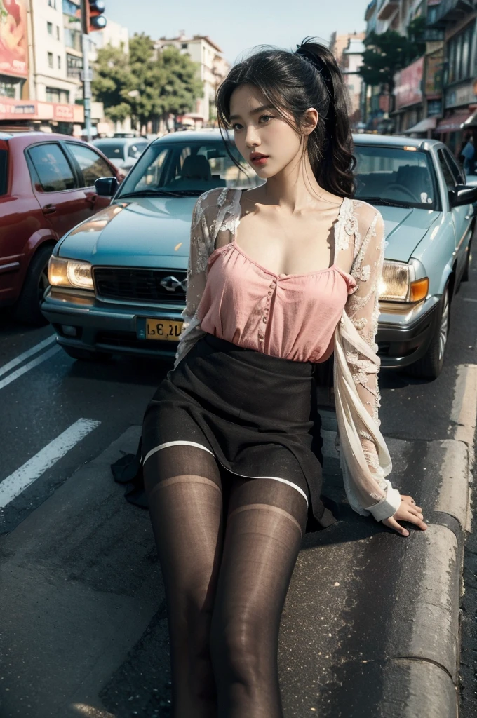 (((best quality))),(((ultra detailed))),(((masterpiece))),illustration,1girl,slim,sun-kissed skin,vibrant rose-pink cotton dress,short ponytail,flat chest,slender legs,pantyhose,sandals, bustling city streets, honking cars,surrounded by crowded crowds, colorful advertisements, street food vendor, grilled skewers, spicy sauce, enjoying sights and sounds,(darkened black skin:1.5)