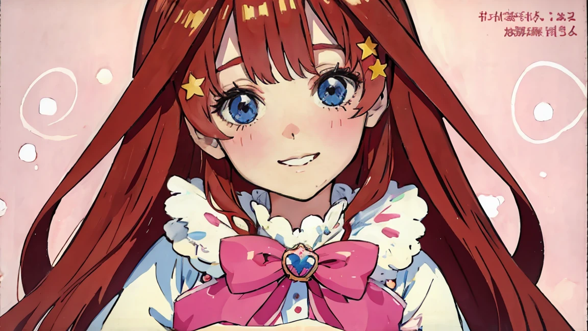 ((best quality)), ((masterpiece)), (detailed), perfect face, 1girl, nakano itsuki, smiling, whimsical, triad color pallette, hugging knees, looking at viewer, pink water droplets, smiling, flat colouring, full body, blank space on the left, fluffy red hair, star hairclips