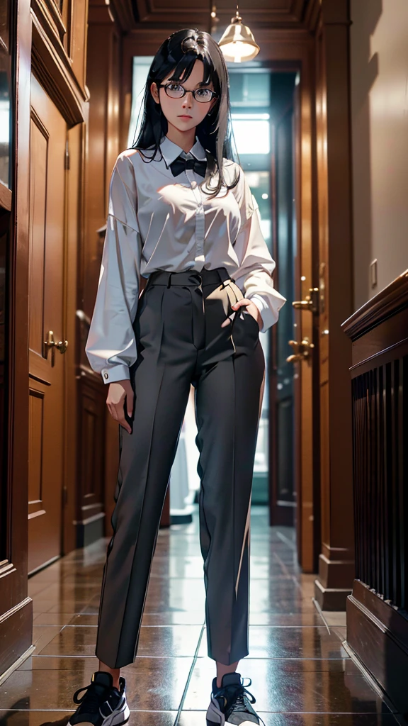 Character setting image, character sheet, whole body, entire body, full body, total body, standing, upright stance,  posture, athletic shoes, waist, 20-years-old beautiful female college student, black rim glasses, wearing white headphones, black hair, date clothes, Midsummer formal attire, intellectual atmosphere, knowledge, scholarship, enthusiasm, front of whole body, immersion, concentration, sense of accomplishment, cinematic lighting, masterpiece, top quality, 4K, academic atmosphere, (masterpiece), (best quality), ultra-high res, sharp focus, high definition eyes