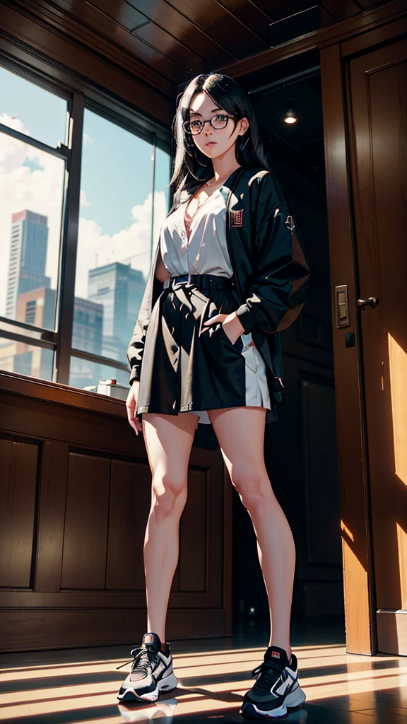 Character setting image, character sheet, whole body, entire body, full body, total body, standing, upright stance, erect posture, athletic shoes, waist, 20-years-old beautiful female college student, black rim glasses, wearing white headphones, black hair, date clothes, Midsummer formal attire, intellectual atmosphere, knowledge, scholarship, enthusiasm, front of whole body, immersion, concentration, sense of accomplishment, cinematic lighting, masterpiece, top quality, 4K, academic atmosphere, (masterpiece), (best quality), ultra-high res, sharp focus, high definition eyes
