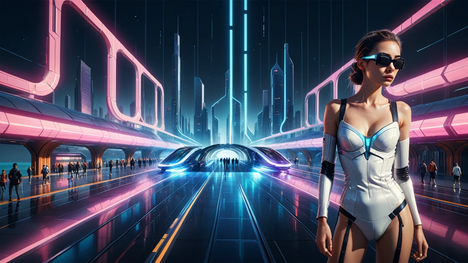 Brightly colored abstract aerial view image of a (((((futuristic railway station beside ocean))))) with a spiral, a (((futuristic all-glass train))) passing by, epic beautiful space sci-fi, chaotic cinematic space rift, Greg Beeple, Beeple and Tim Hildebrandt, Beeple and Jean Giraud, (((giant glass lion sculpture))), galaxy space sci-fi, ringworld, by Mike "Beeple" Winkelmann. Matrix style, (((Matrix cascading code))), (((a futuristic twin tower skyscraper with a unique twisted design))), (((OLED GUI interfaces in the building))), at night, (((((1girl, solo))))), photo realistic, (((((((large-breast:1.2 body, cleavage:1.4))))))), (((((off broken mini sling-shirt and black sling bra, extreamly short pleated miniskirt exposing panty))))), (((((running pose))))), (((((((matrix style black micro sunglasses))))))), ((((((((((aiming with a short gun)))))))))), (((((looking at camera))))), (((very low view))), (((((half-body thigh level medium shot))))), (((cinematic lighting))).