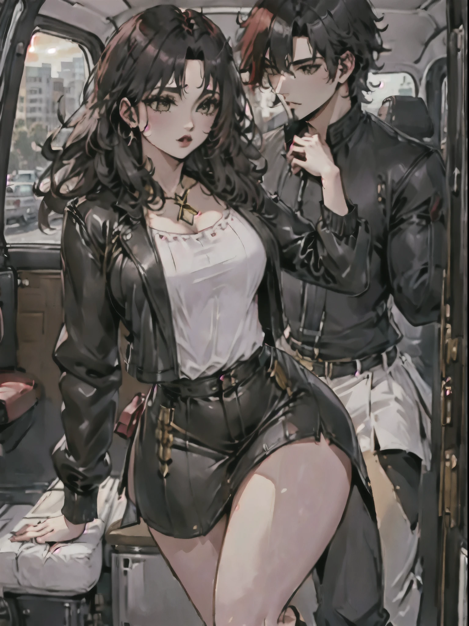 (neocruz and junkotvv)(hands on thighs, backwards, Heavyweight, big boy, leather jacket:1.2), picture of a couple inside a Taxi at evening, 1 chico, male focus, Tall Man, soon one, male with leather jacket, black man, evening:1.4) (Taxi, evening, auto, Backseat, looking at another:1.3) BREAK